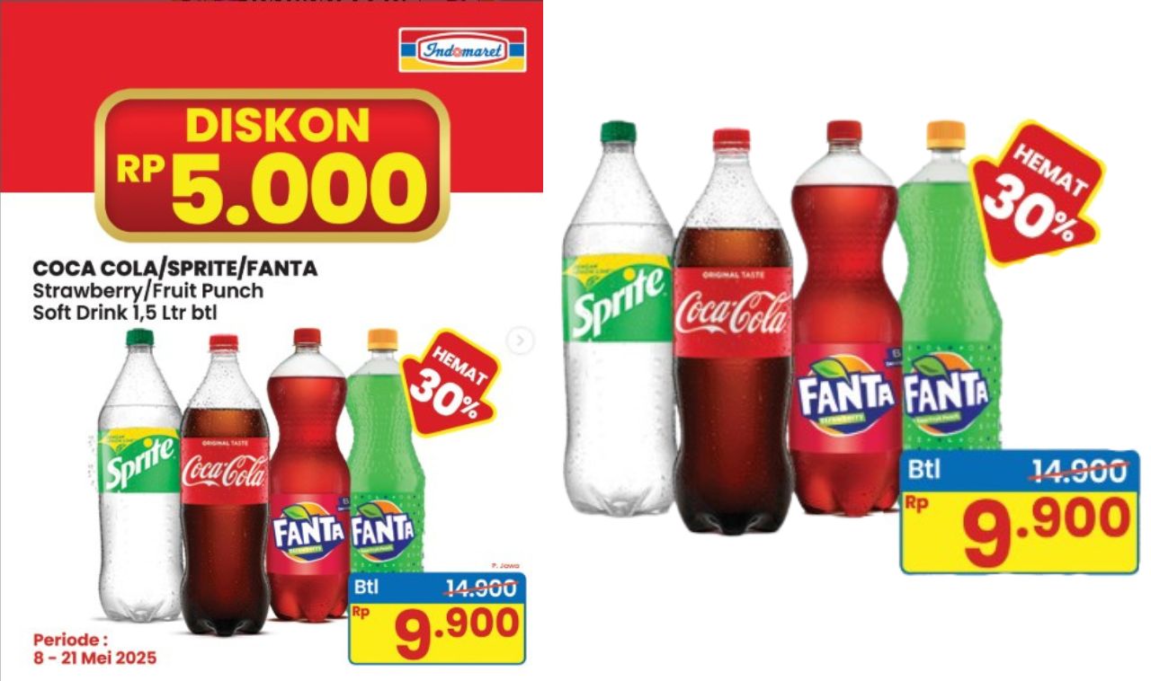 Beli Sekarang! Diskon Rp5000 Belanja Coca Cola Sprite Fanta di Indomaret Cuma Rp9900 per Botol