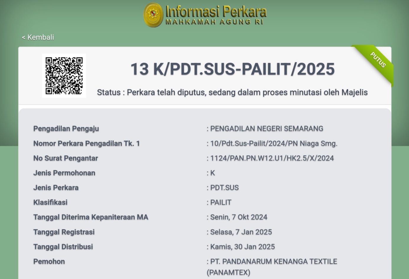 Kasasi Dikabulkan MA, PT Panamtex Batal Pailit
