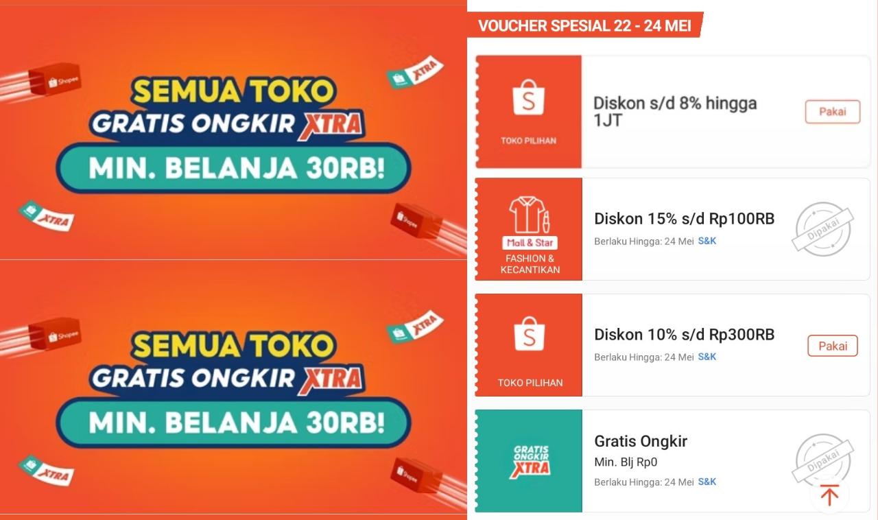 Voucher Spesial Shopee Tanggal 22 - 24 Mei: Diskon Hingga Rp300RB + Ongkir Rp0 Tanpa Syarat