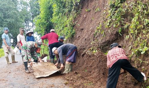 Babinsa Koramil Kandangserang Bersama Warga Desa Wangkelang Bersihkan Jalan Antar Desa 