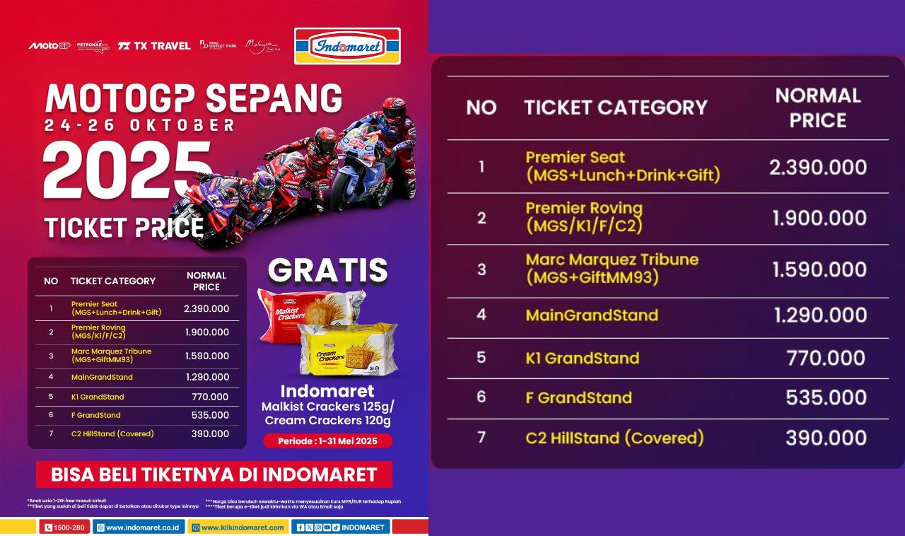 7 Jenis Tiket & Harga MotoGP Sepang 2025, Yuk Beli Tiket MotoGP Sepang di Indomaret
