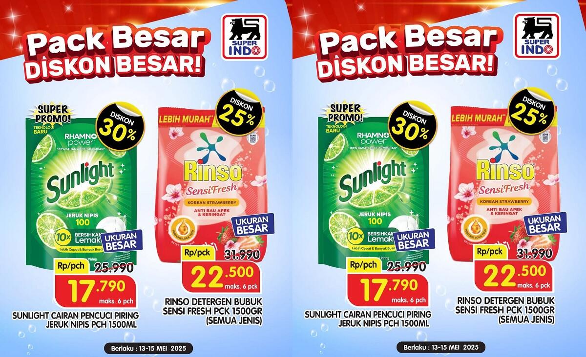Promo Superindo Periode 13–15 Mei 2025, Diskon Gila Hingga 30% untuk Sunlight dan Rinso Cuma Rp17 Ribuan!