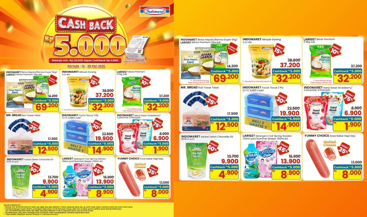 Mantap! 12 Produk Tebus Murah Saat Belanja di Indomaret Cashback Rp5000, Berlaku hingga 28 Mei 2025