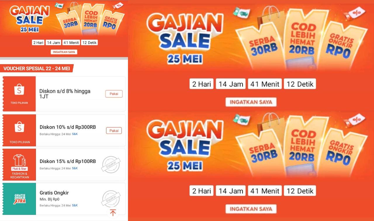 Bocoran Voucher Shopee Gajian Sale! Diskon Serba 30RB, COD Hemat 20RB, Gratis Ongkir Rp0!
