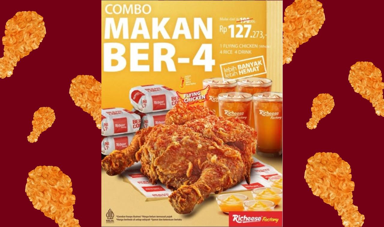 Menu Combo Flying Chicken Termurah Cuma Rp127.273, Dapat 1 Ayam Utuh & 4 Minum! Cocok untuk Rame-Rame!