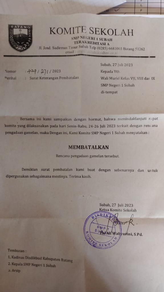 Buntut Isu Pungutan, Komite SMPN 1 Subah Keluarkan Surat Pembatalan Pengadaan Gamelan