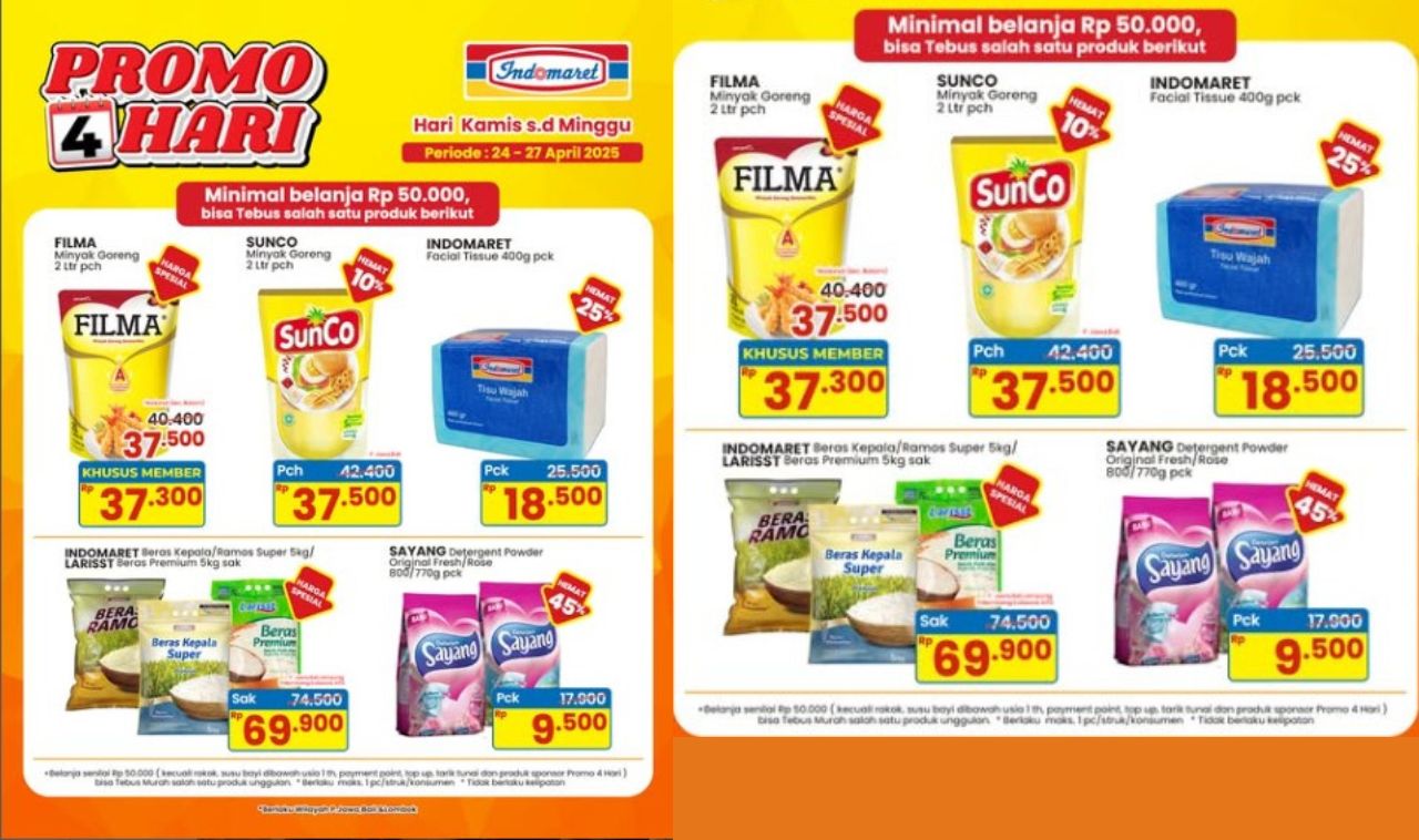 Cuma 4 Hari! Promo Hemat Belanja di Indomaret Mulai 24 April 2025, Diskon Besar untuk Minyak Goreng dan Beras