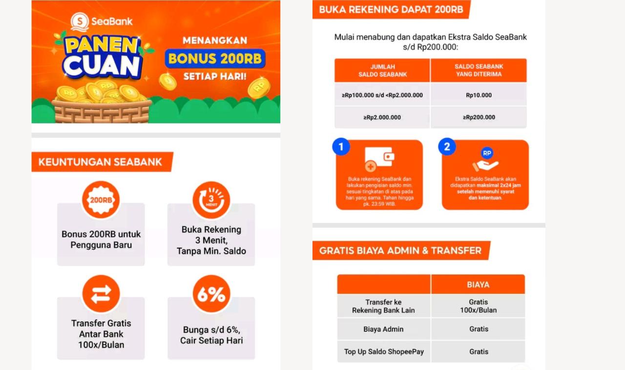 Buka Rekening SeaBank Panen Cuan! Bonus Sampai Rp200.000, Bebas Admin & Gratis Transfer