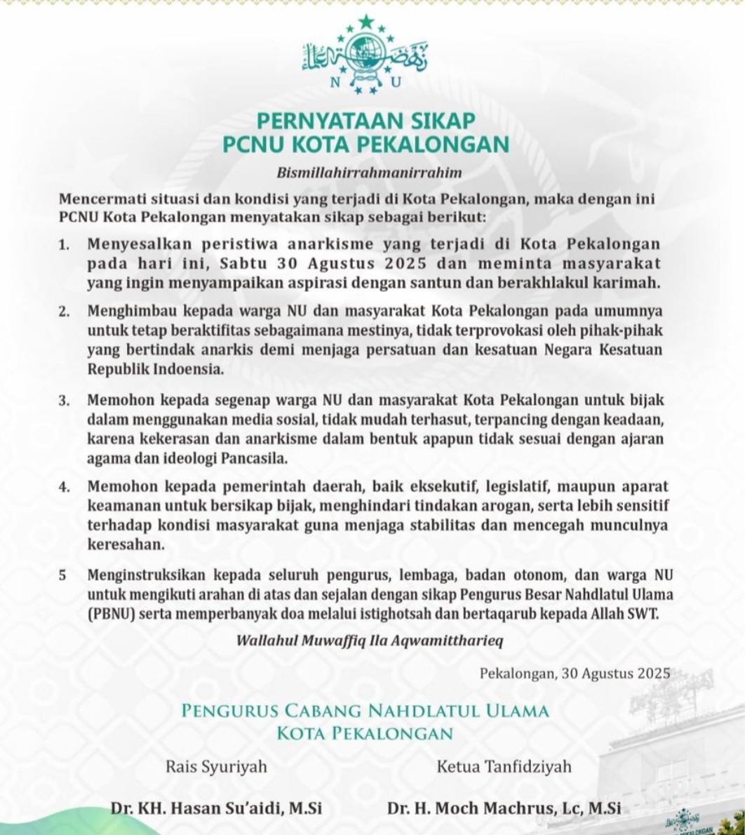 PCNU Kota Pekalongan Sesalkan Aksi Anarkisme, Imbau Warga Tetap Santun Sampaikan Aspirasi