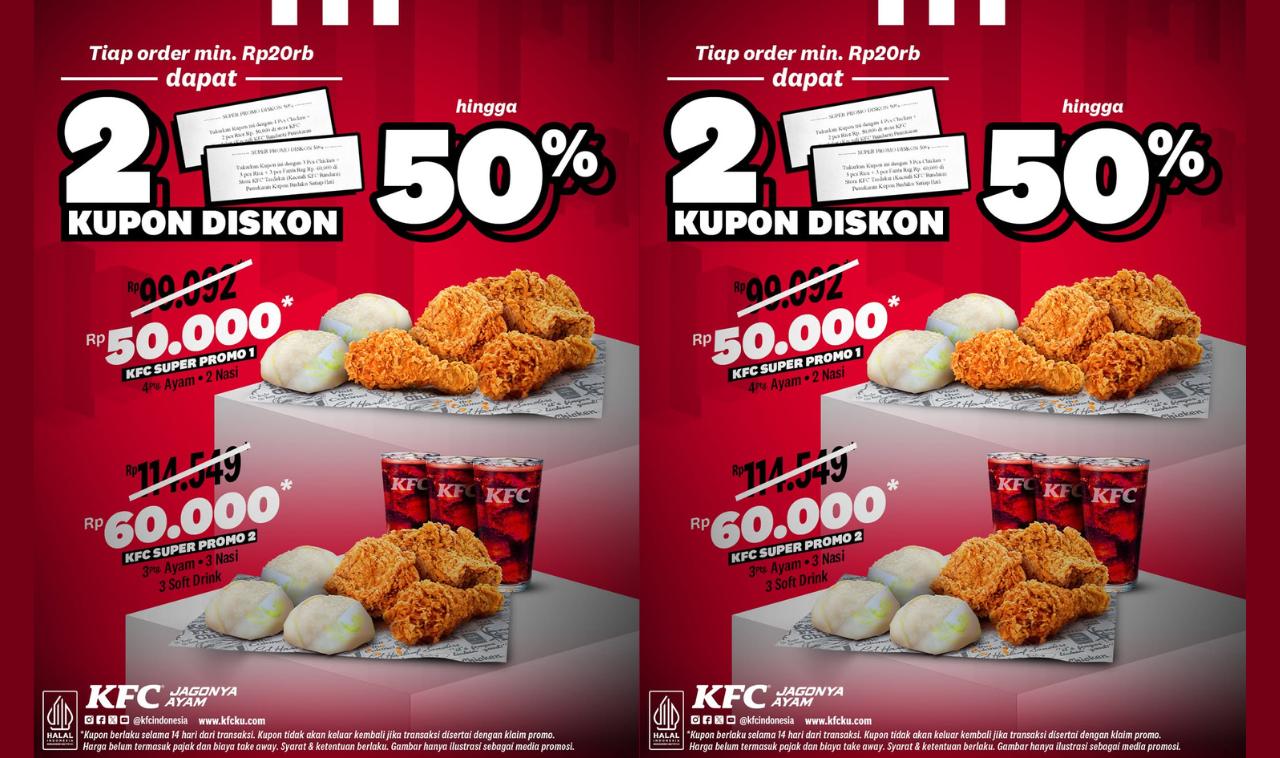 Promo Untung KFC Min Order Rp20.000, Langsung Dapat 2 Kupon & Hemat hingga 50% Mulai Rp50.000!