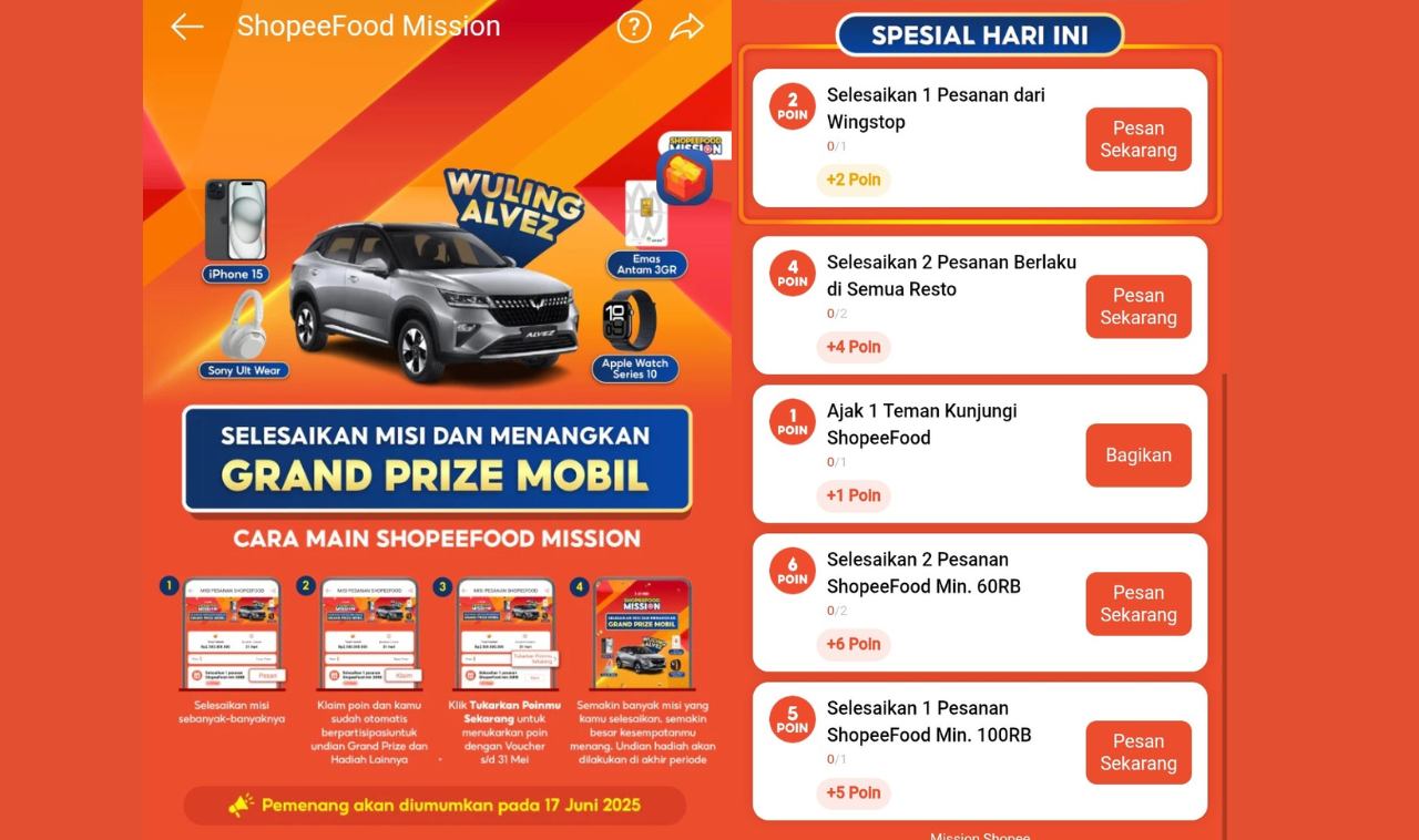 Mainkan Misi ShopeeFood dan Menangkan Grand Prize Mobil serta Hadiah Menarik Lainnya