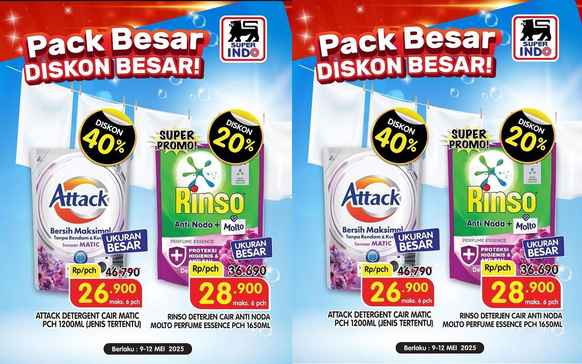 Jangan Lewatkan! Diskon Gila 40% Deterjen Cair Attack dan Rinso di Superindo, Mulai Rp 26 Ribuan Aja!