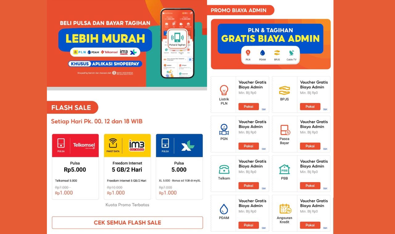 Diskon hingga 86%! Cuma Rp1.000 untuk Lebih Murah Beli Pulsa dan Bayar Tagihan di Aplikasi ShopeePay