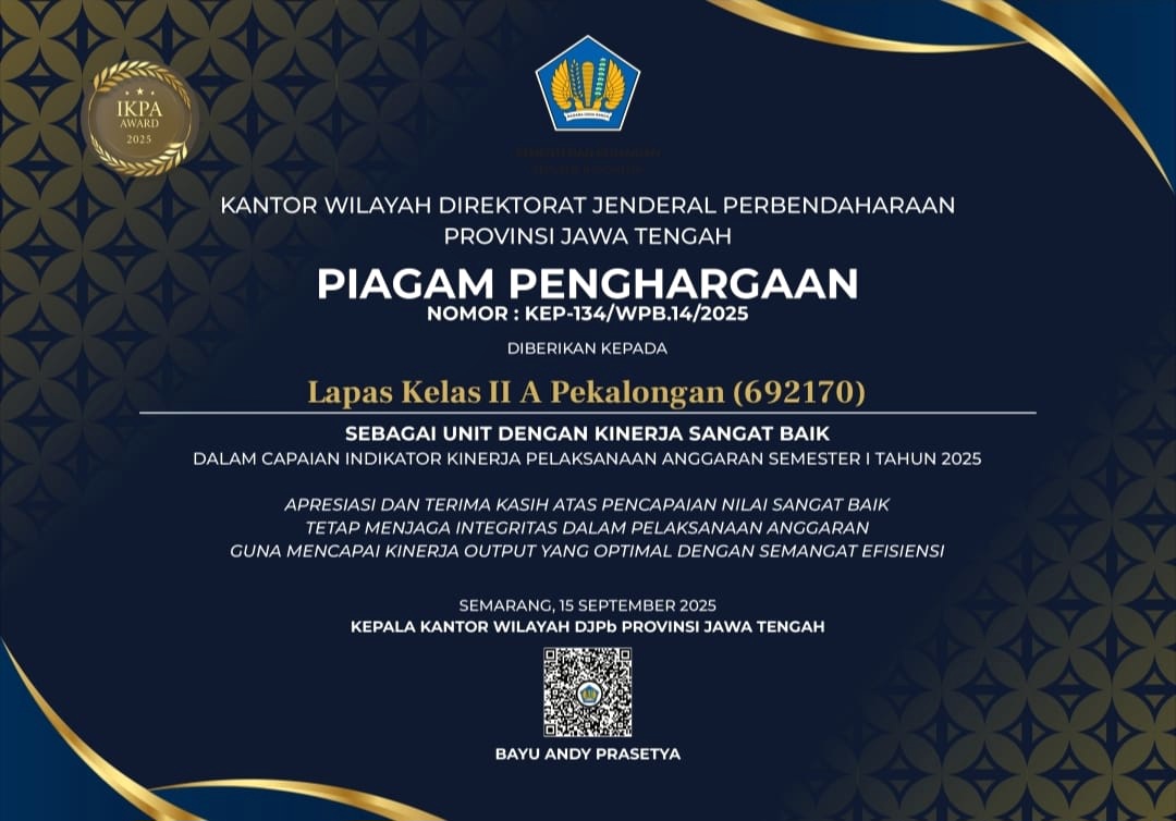 Lapas Pekalongan Raih Penghargaan IKPA Semester I 2025