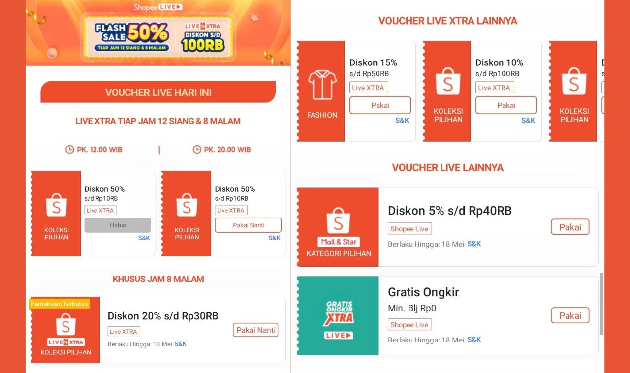 7 Voucher Rahasia Diskon Shopee Live Extra Flash Sale 50% hingga Rp100RB Setiap Hari, Wajib Klaim!