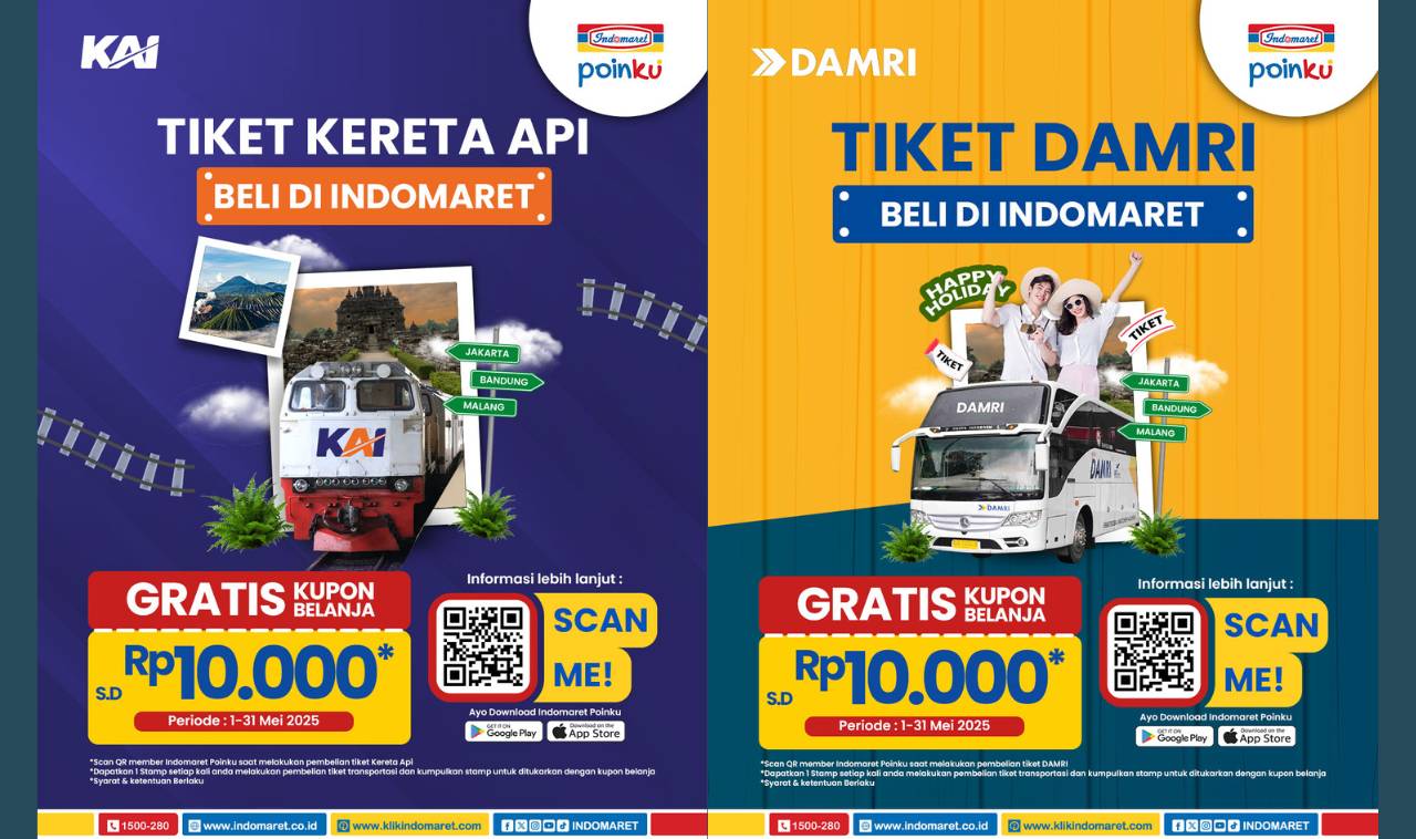 Beli Tiket KAI dan Tiket DAMRI di Indomaret, Dapat Kupon Belanja Rp10.000 Sepanjang Mei 2025