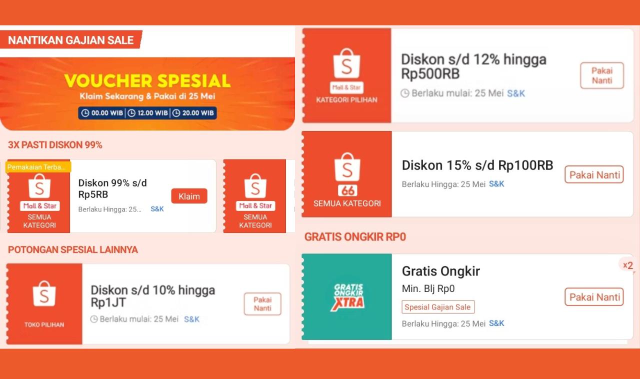 Bocoran Voucher Spesial Shopee Gajian Sale 25 Mei: Diskon 99% hingga Rp5.000 & Cashback Rp1 Juta