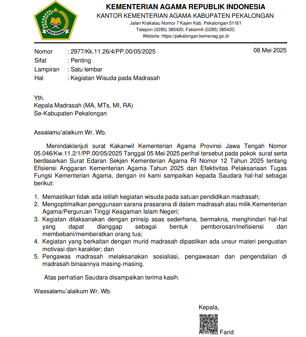 Kemenag Kabupaten Pekalongan Keluarkan Surat Edaran Acara Pelepasan Madrasah, Bagaimana  Terkait dengan Iuran?
