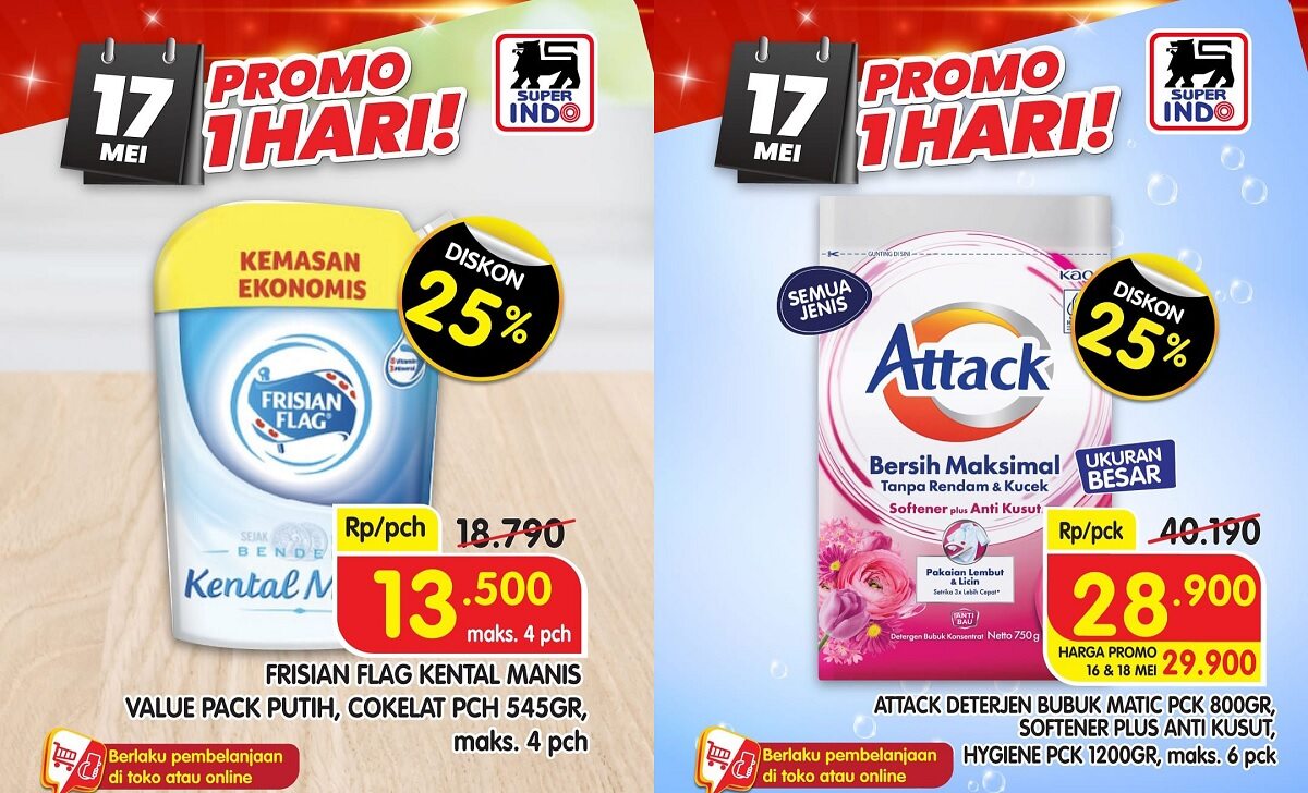 Diskon Spesial 25%! Hanya Hari Ini di Superindo 17 Mei 2025 Susu Frisian Flag & Attack Turun Harga Gila-Gilaan