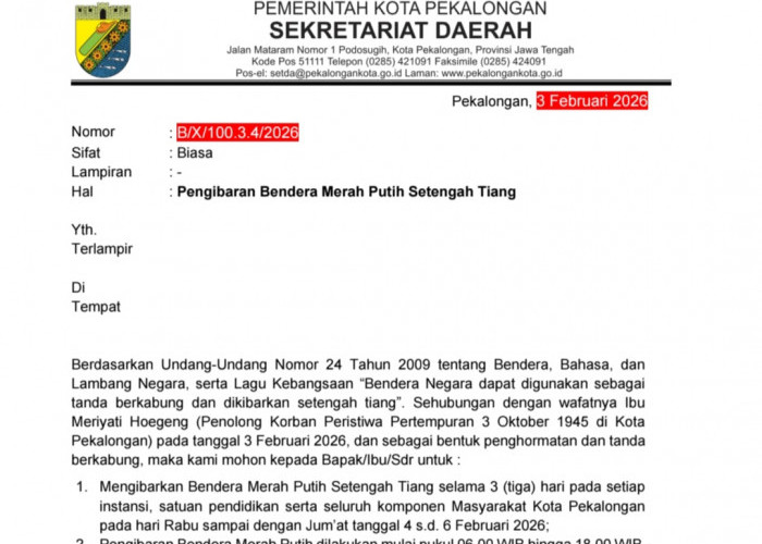 Berkabung atas Wafatnya Ibu Meriyati Hoegeng, Pemkot Pekalongan Instruksikan Kibarkan Bendera Setengah Tiang
