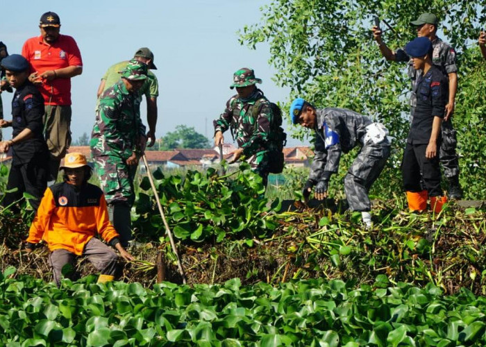 TNI Polri dan Masyarakat Kembali Bersihkan Eceng Gondok yang Menutupi Sungai Bremi