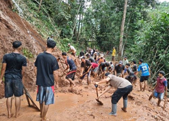 Polisi-Warga Evakuasi Longsor Dapuran Bambu di Linggoasri