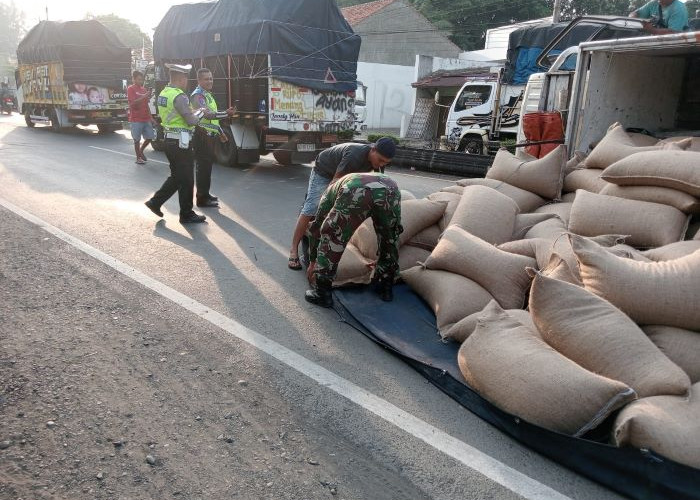 Diduga Sopir Mengantuk, Truk Muatan 8 Ton Kacang Tanah Terguling di Jalan Pantura Wiradesa