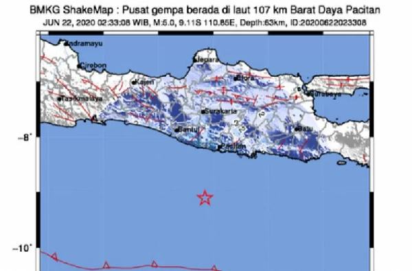 Gempa magnitudo 5,0 Terjadi di Pacitan, Dirasakan hingga Yogyakarta